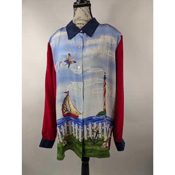 Quacker Factory Tops - Quacker Factory Womens L Blouse Silk Landscape Nautical Long Sleeve Button Up